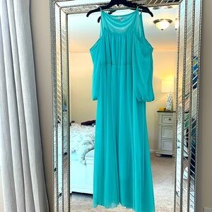 A- Afibi long teal  dress.  Dropped shoulders and front spaghetti straps 2XL